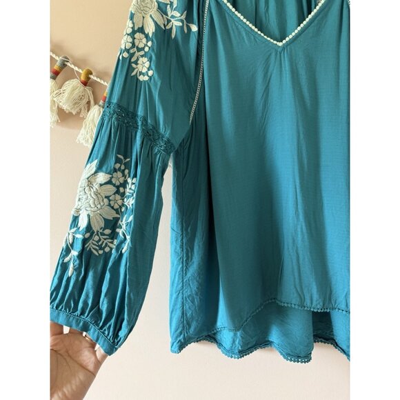 Sundance Teal Embroidered Floral Naomi Isles Top Boho Peasant Feminine Cottage S - Picture 4 of 9